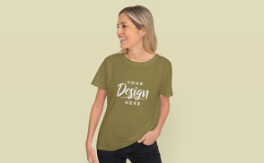 Blonde woman smiling in casual pose t-shirt mockup