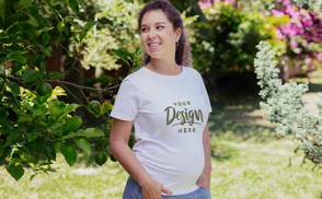 Pregnant girl in garden t-shirt mockup