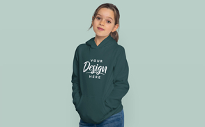 Cute child girl in hoodie mockup