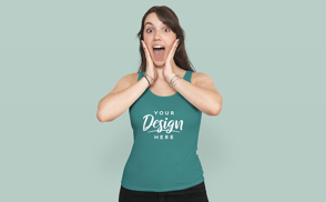 Woman with surprised face in tank top mockup