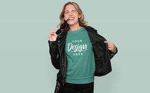 Girl in leather jacket and t-shirt mockup