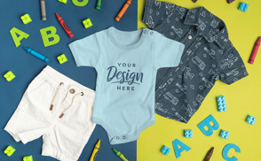 Baby onesie and children clothes mockup