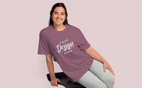 Hispanic woman sitting oversized t-shirt | Start Editing Online