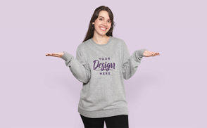 Brunette woman with raised arms sweatshirt mockup