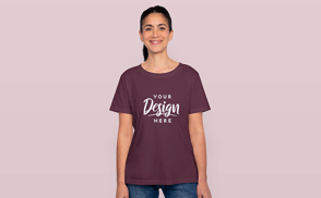 Brunette girl in ponytail t-shirt mockup