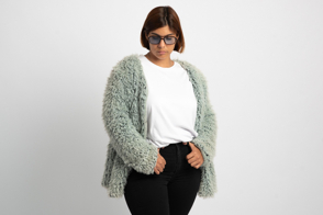 Plus size girl in faux fur coat and t-shirt mockup