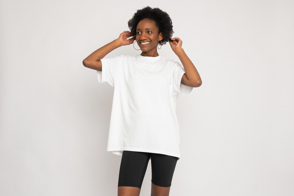 Black woman wearing shorts and t-shirt mockup