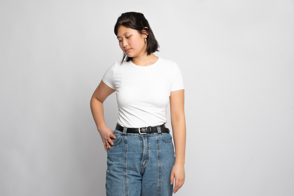 Asian girl in jeans and t-shirt mockup