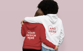 Couple hugging backwards hoodie mockup