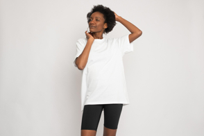 Black woman wearing casual shorts and t-shirt mockup