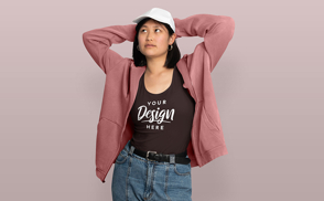 Asian model in jacket and tank top mockup