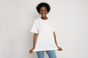African american woman in oversized t-shirt mockup
