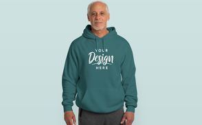 Old man in jeans and hoodie mockup