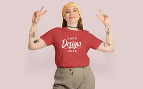 Girl with bandana v sign t-shirt mockup | Start Editing Online