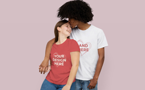Couple hugging and kissing t-shirt mockup