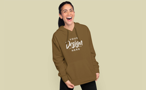 Brunette woman laughing in hoodie mockup