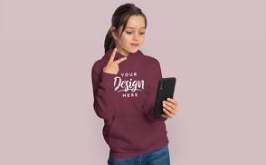 Child girl taking selfie in hoodie mockup