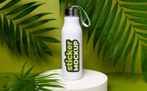 Water bottle and palm leaves mockup