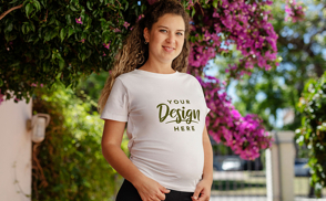 Pregnant woman in flower garden t-shirt mockup