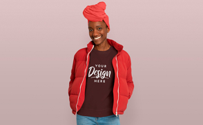 Black girl in red jacket and t-shirt mockup