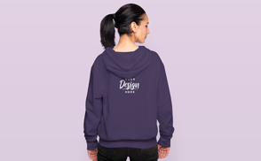 Brunette female model in hoodie mockup