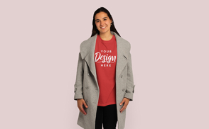 Hispanic woman with coat t-shirt mockup | Start Editing Online