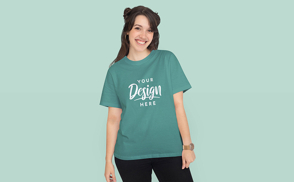 Brunette girl smiling in t-shirt mockup