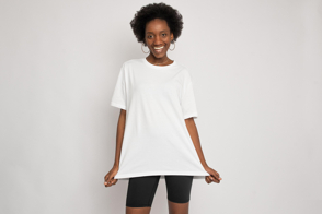 Smiling african american woman in t-shirt mockup