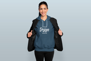 Woman in jacket and hoodie mockup