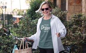 Woman with sunglasses in t-shirt mockup