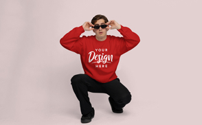 Blonde man sunglasses sweatshirt mockup | Start Editing Online