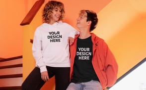 Couple in stairs t-shirt and sweatshirt mockup