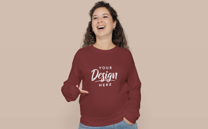 Happy pregnant woman pointing to sweatshirt mockup