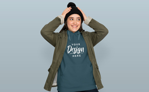 Teen in winter hat and hoodie mockup