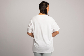 Hispanic woman backwards in t-shirt mockup