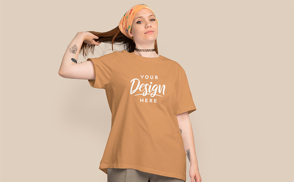 Blonde girl orange bandana t-shirt mockup | Start Editing Online