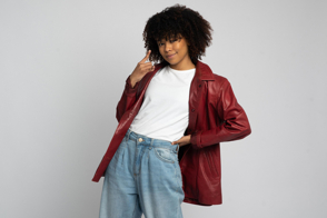 Black girl with cool red jacket and t-shirt mockup