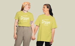 Girl couple hold hands in t-shirt mockup