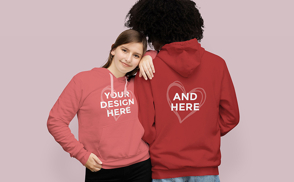 Woman hugging man in hoodie mockup