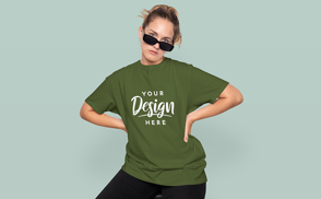 Woman in oversized t-shirt and sunglasses mockup