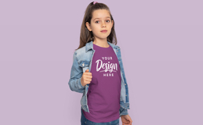 Child girl in jean jacket and t-shirt mockup