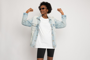 Black woman with powerful pose in t-shirt mockup