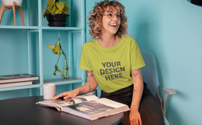 Curly hair woman reading book t-shirt mockup