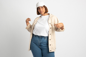 Plus size girl with jacket and t-shirt mockup