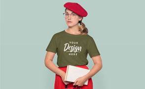 French girl with beret in t-shirt mockup