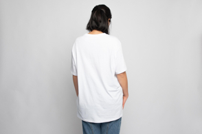 Asian woman backwards in oversized t-shirt mockup