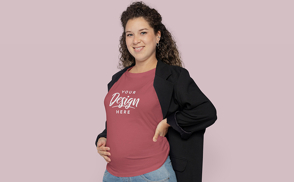 Happy pregnant woman with coat and t-shirt mockup