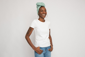 Black girl in a white t-shirt mockup