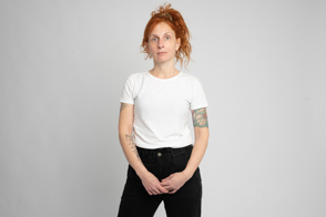 Redhead tattooed woman t-shirt mockup