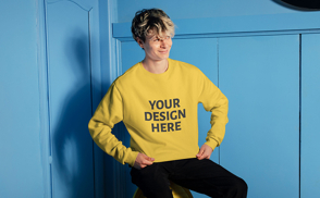 Blonde man sitting on stool t-shirt mockup